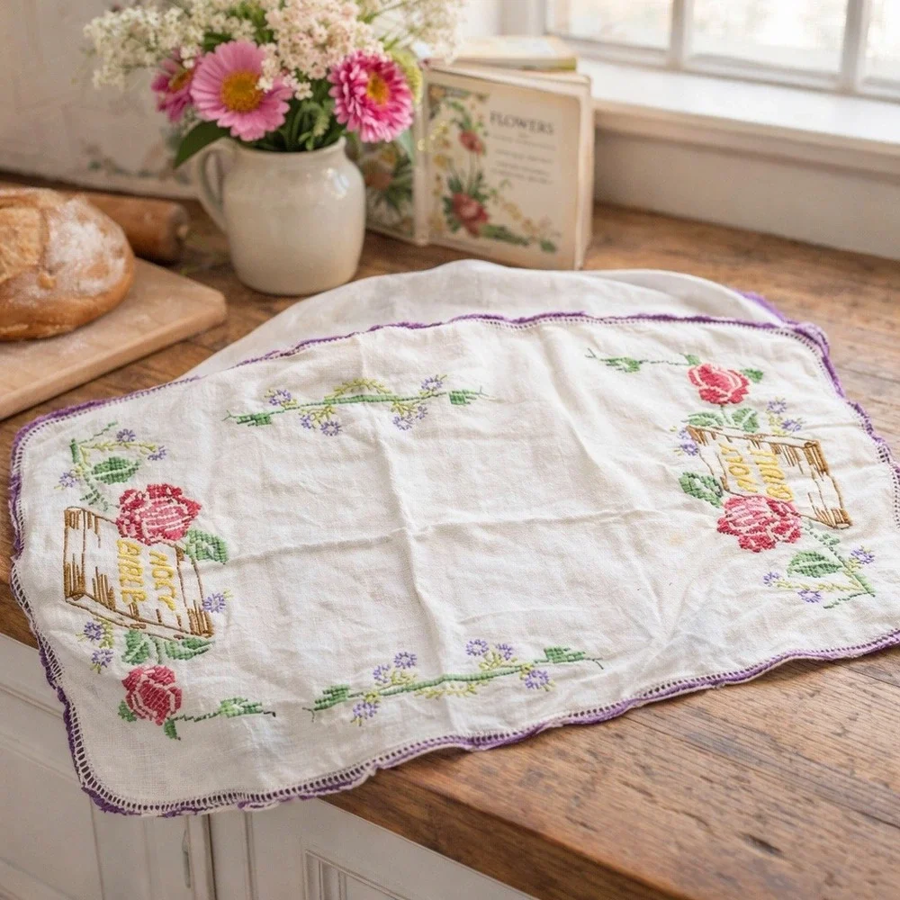 Vintage Cross Stitch Tea Towel Floral Bible Scripture Linen‎ Farmhouse